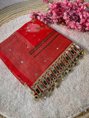 Beautiful Red Dola Silk Viscose Weaving With Mirror Work Saree