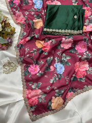 Beautiful Smooth Chinnon Embroidery Printed Work Saree