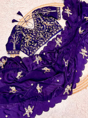 Party-wear Soft Fandy Satin Silk Handwork Saree With Stitched Blouse