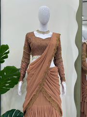 Beautiful Stylish Georgette Thread With Sequence Work Ruffle Saree With Stitched Blouse