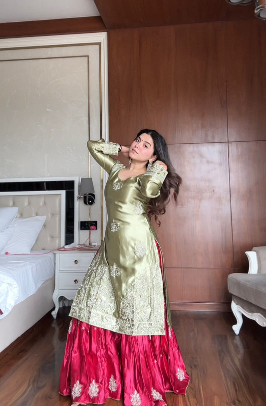Beautiful Moss Satin Sequence Embroidery Work Suit