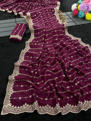 Party-wear Blooming Vichitra Silk Zari & Stone Work Saree