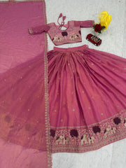 Festive Special Moss Shimmar Embroidery Thread & Pip Val Work Lehenga With Stitched Blouse