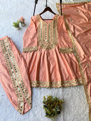 Dusty Peach Embroidered Festive Kurta Set with Designer Dupatta