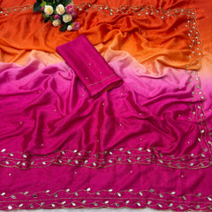 Beautiful Pure soft Chinon Peding Katdana Moti With Real Mirror Work Saree
