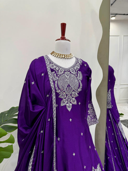Elegant Ethnic Wear Chinon Silk Thread With Sequence Work Lehenga