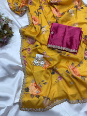 Beautiful Smooth Chinnon Embroidery Printed Work Saree