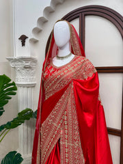 Red Bridal Special Japan Satin Thread & Coding Sequence Work Saree With Dupatta