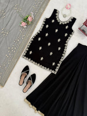 Festive Ready Black Palazzo Set With Fancy Lace & Embroidery Work