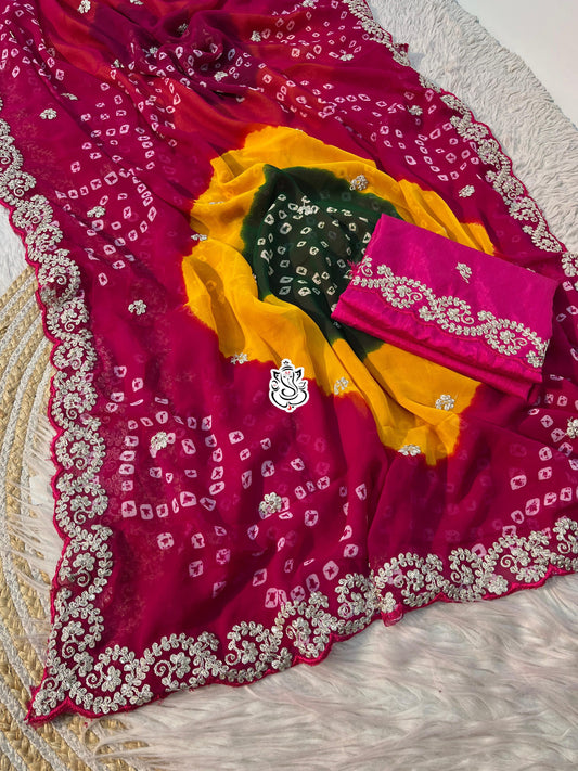 Beautiful Soft Georgette Bandhej Multi Color Printed Saree