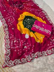 Beautiful Soft Georgette Bandhej Multi Color Printed Saree