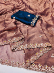 Party-wear Fendy Chiffon Flower Embroidery With Hand Moti Work Saree