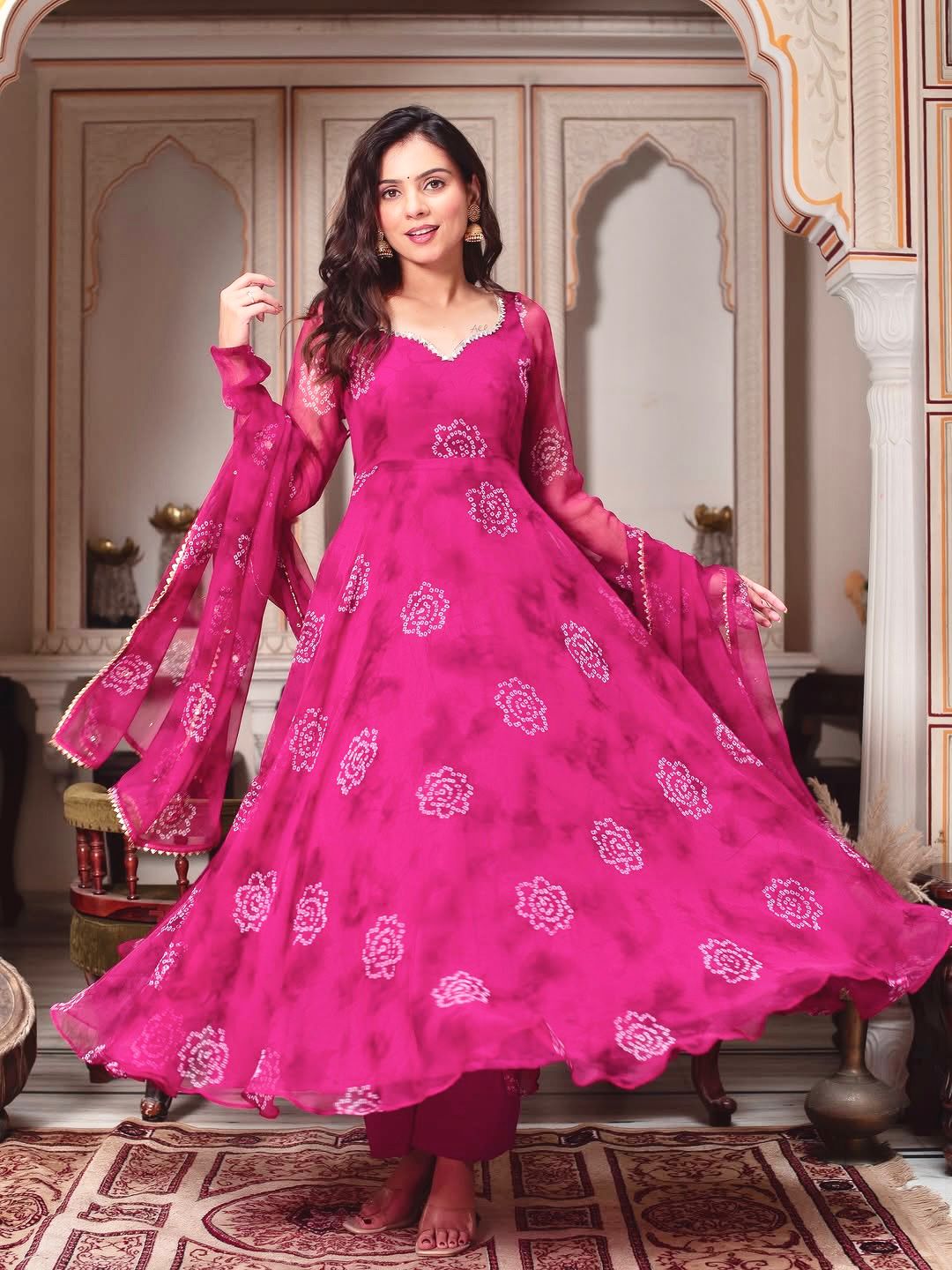 Pink Designer Georgette Real Mirror &  Hand Work Digital Printed Gown