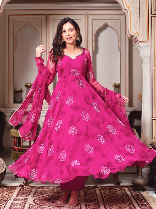 Pink Designer Georgette Real Mirror &  Hand Work Digital Printed Gown
