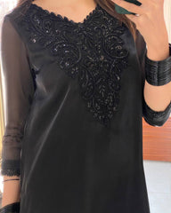Black Designer French Crepe Embroidery With Beads & Sequence Work Dress