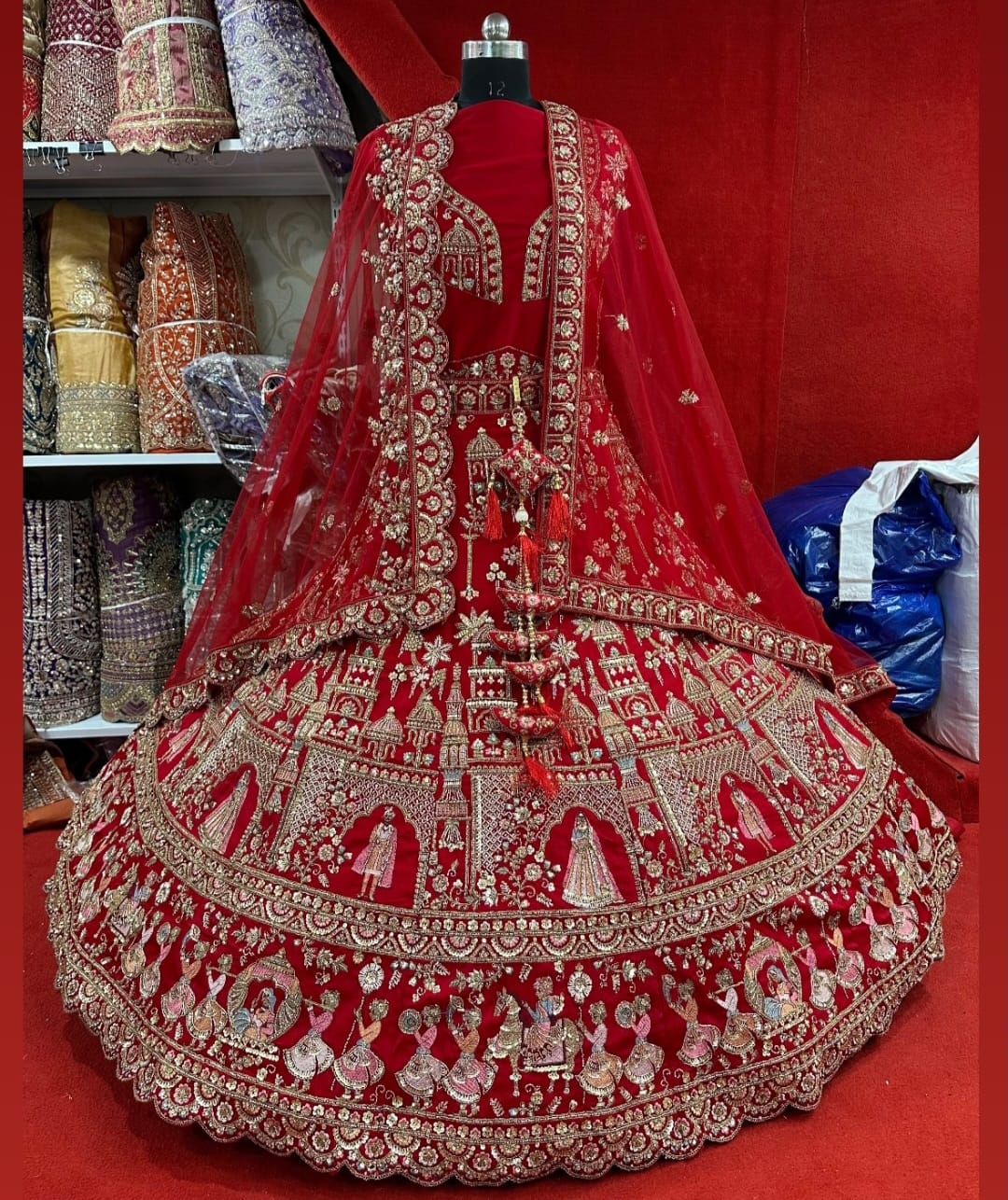 Dabka Zardosi Beads Handwork Rani Hot Pink, Maroon, Cherry Red, Rust Orange Latest Bridal Lehenga