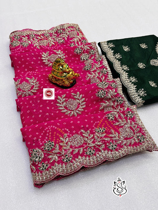 Beautiful Georgette Bhandhini Printed Zarkan Diamonds Work Saree