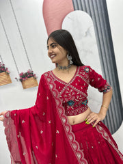 Festive Special Vichitra Silk Embroidery Thread Work Lehenga With Stitched Blouse