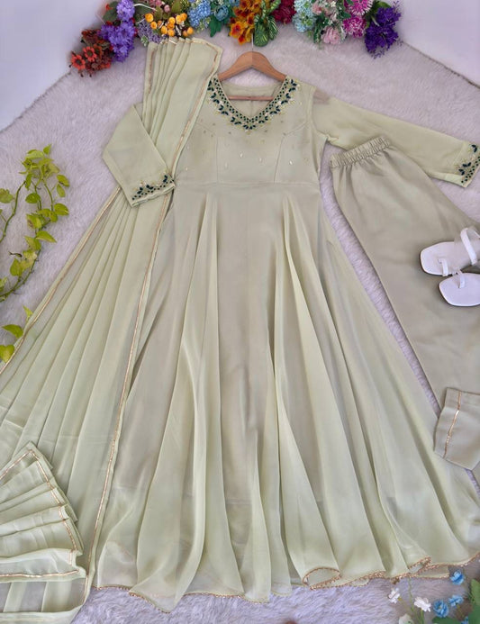 Party-wear Georgette Handwork Neck Sleeve Beautiful Gown