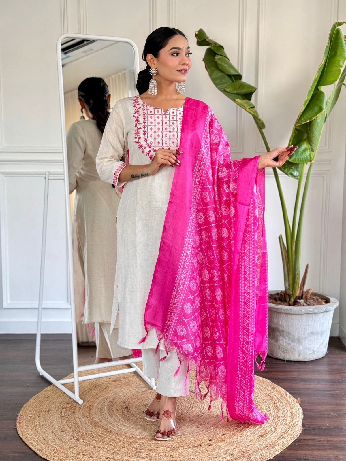 Beautiful Khadi Cotton With Embroidery Work Three Piece Set