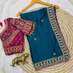 Beautiful Soft Rangoli Sequence Embroidery Work Saree With Stitched Blouse