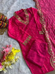 Pink Maslin Silk Print with Embroidery & Dori Gotta Patti Work Dress