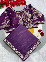 Beautiful  Blooming Chinnon Peding Silk Saree With Stitched Blouse