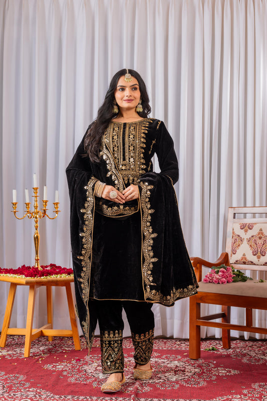 Designer Party-wear Viscose Velvet With Embroidery Sequence Work Suit