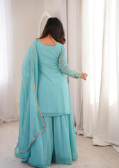 Sky Blue Heavy Embroidered Crunchy Silk Sharara Suit Set