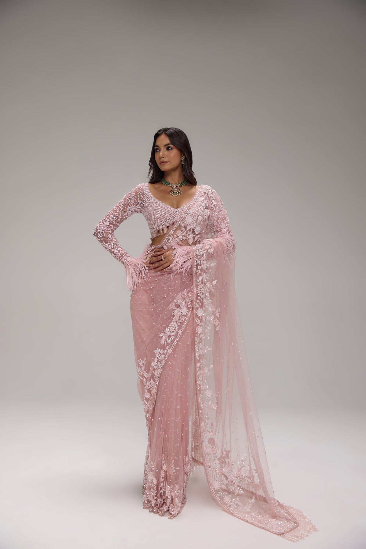 Bollywood Style Butterfly Net Embroidery Sequence Work Saree
