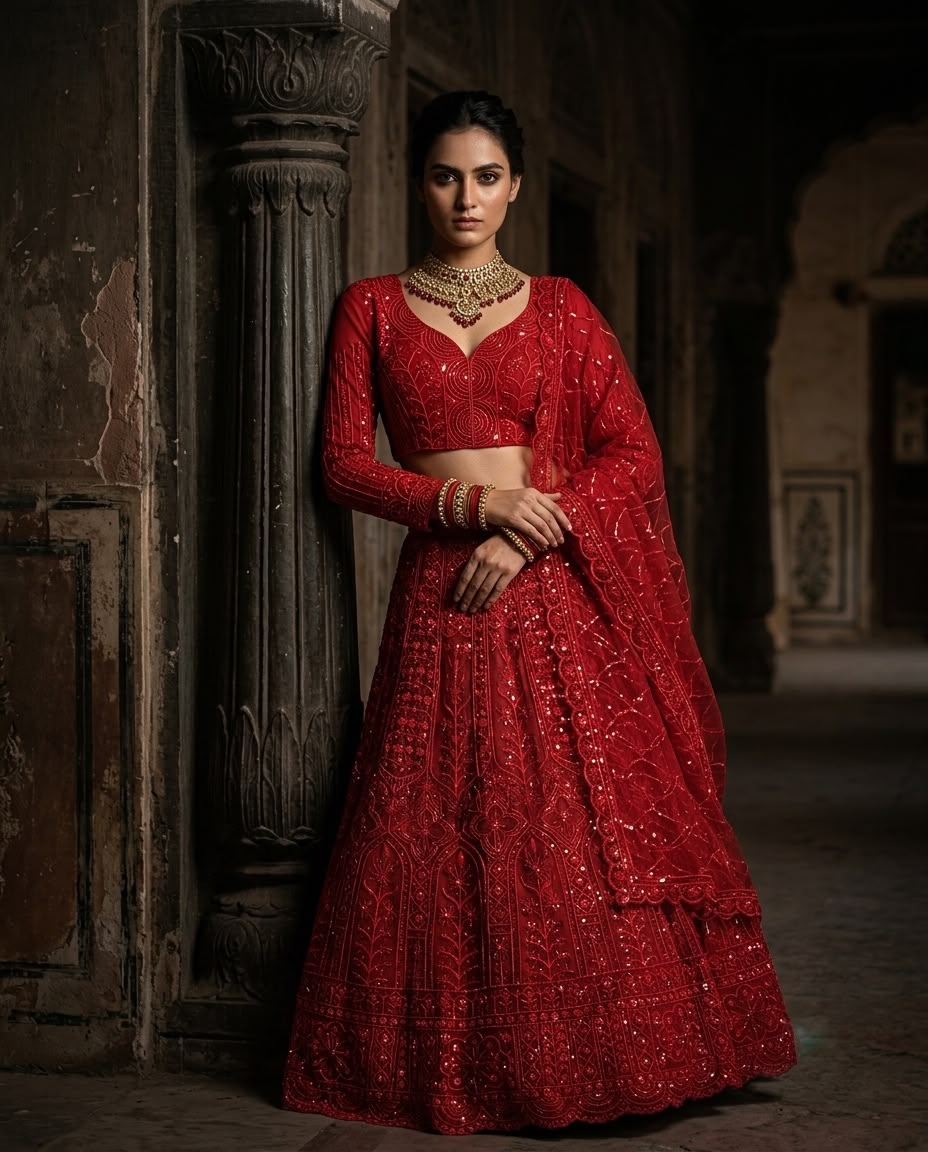 Beautiful Red Soft Net Cording Sequence Work Lehenga Choli