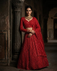 Beautiful Red Soft Net Cording Sequence Work Lehenga Choli