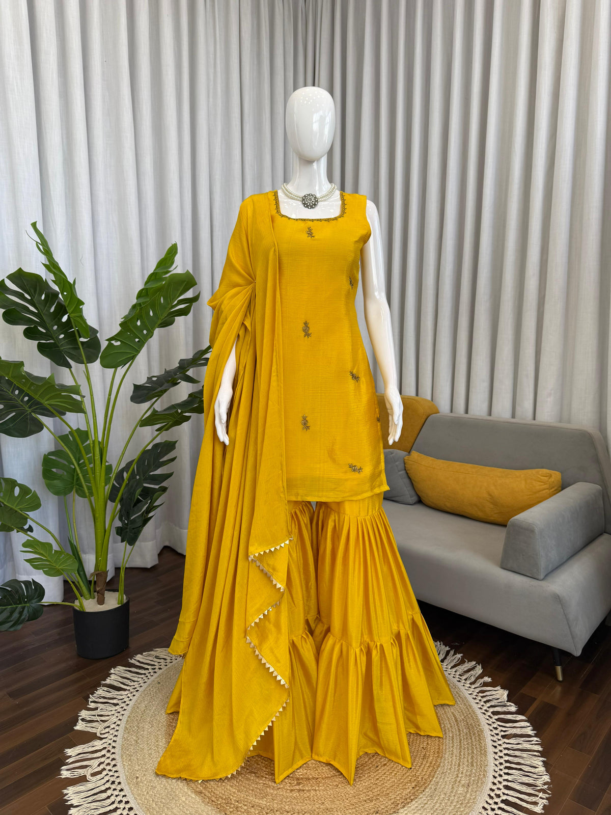 Haldi Special Chinon Silk Thread Work Suit