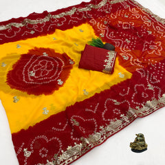 Beautiful Georgette Traditional Bandhej Peding Printed Saree