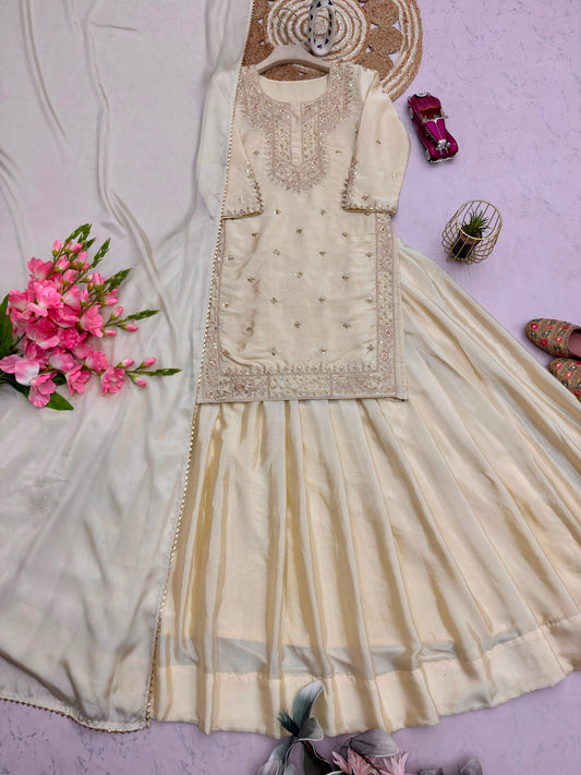 Party-wear Chinon Silk Embroidery Codding Sequence Work Suit