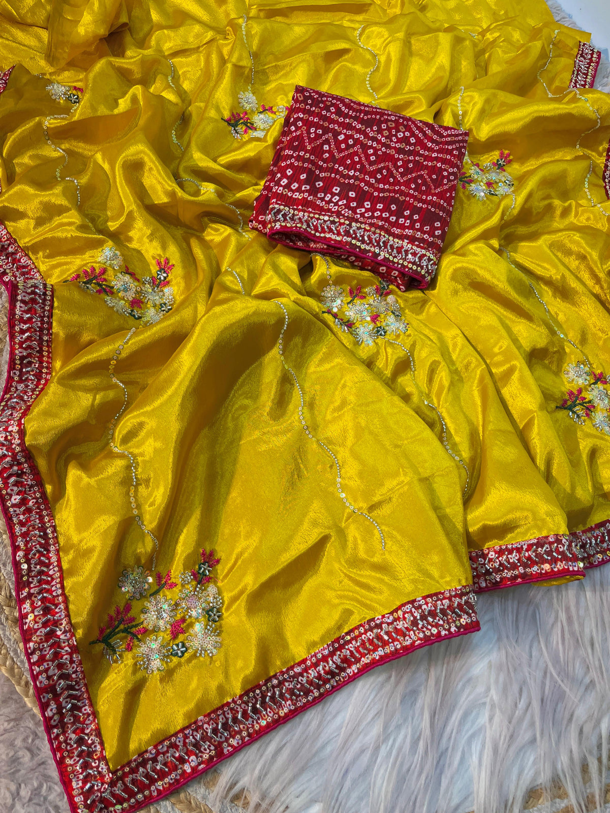 Beautiful Soft Chinon Silk Beads Work Saree