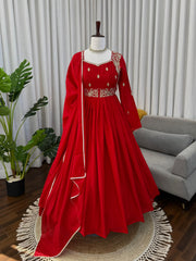 Royal Red Chinon Silk Coding Sequence With Real Mirror Work Gown