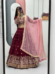Festive  Special Vichitra Silk Embroidery Thread & Sequence Work Lehenga With Stitched Blouse