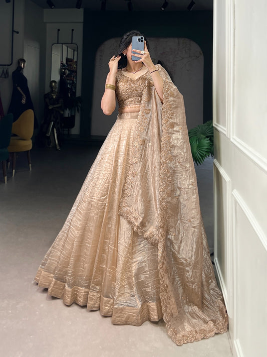 Beautiful Wedding Special Gold Crush Lehenga Choli