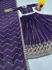 Festive Special Vichitra Silk Embroidery Thread & Sequence Work Lehenga With Stitched Blouse