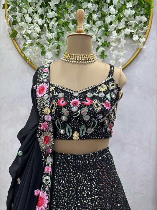 Beautiful Black Georgette Thread With Sequence Work Lehenga Choli