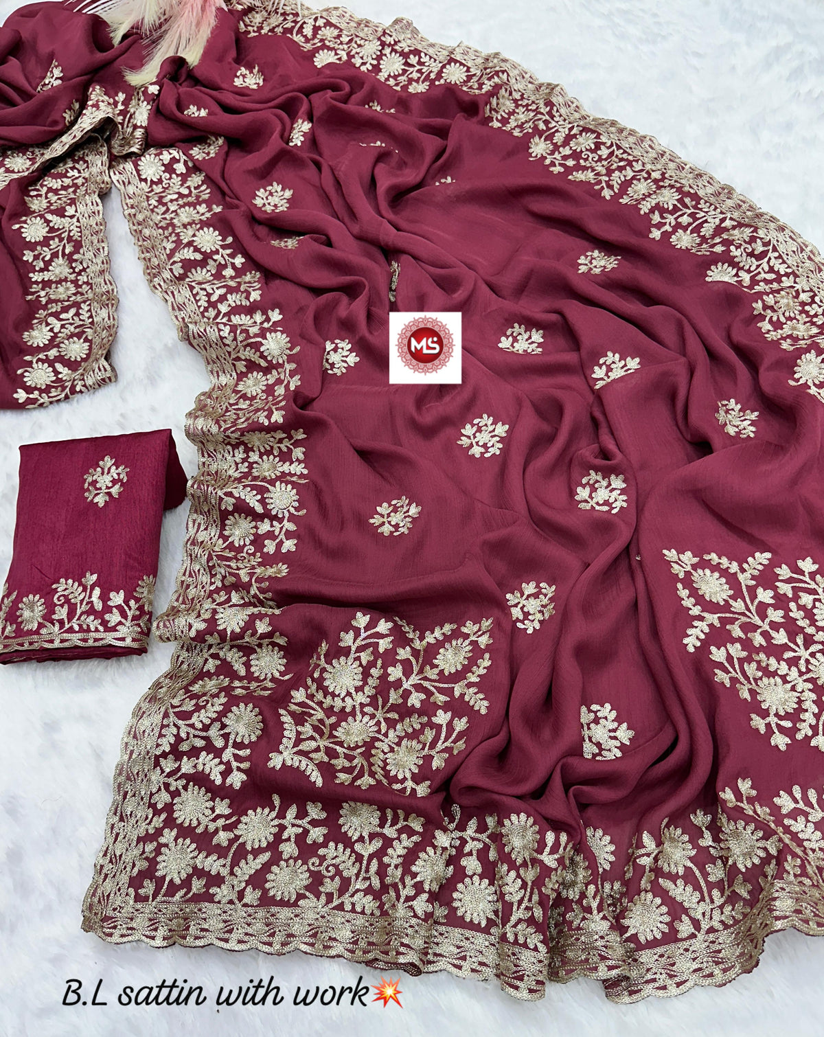 Beautiful Party-wear Satin Silk Multi Chain Embroidery Work Saree