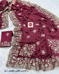 Beautiful Party-wear Satin Silk Multi Chain Embroidery Work Saree