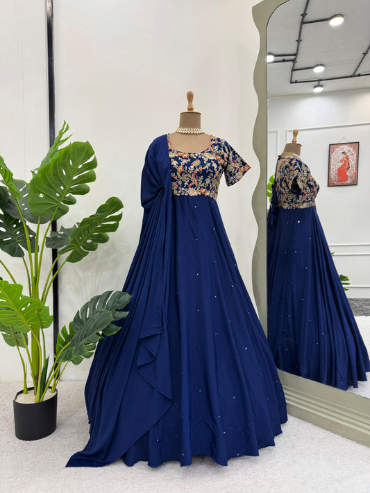 Beautiful Party-wear Natural Crep Thread With Sequence Work Gown