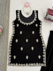 Festive Ready Black Palazzo Set With Fancy Lace & Embroidery Work