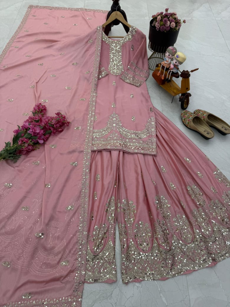 Party-Wear Designer Chinon Silk Codding Sequence & Embroidery Sharara