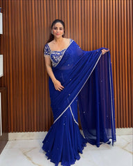 Royal Blue Georgette Thread With Sequence Ready To Wear Ruffle Lehenga Saree