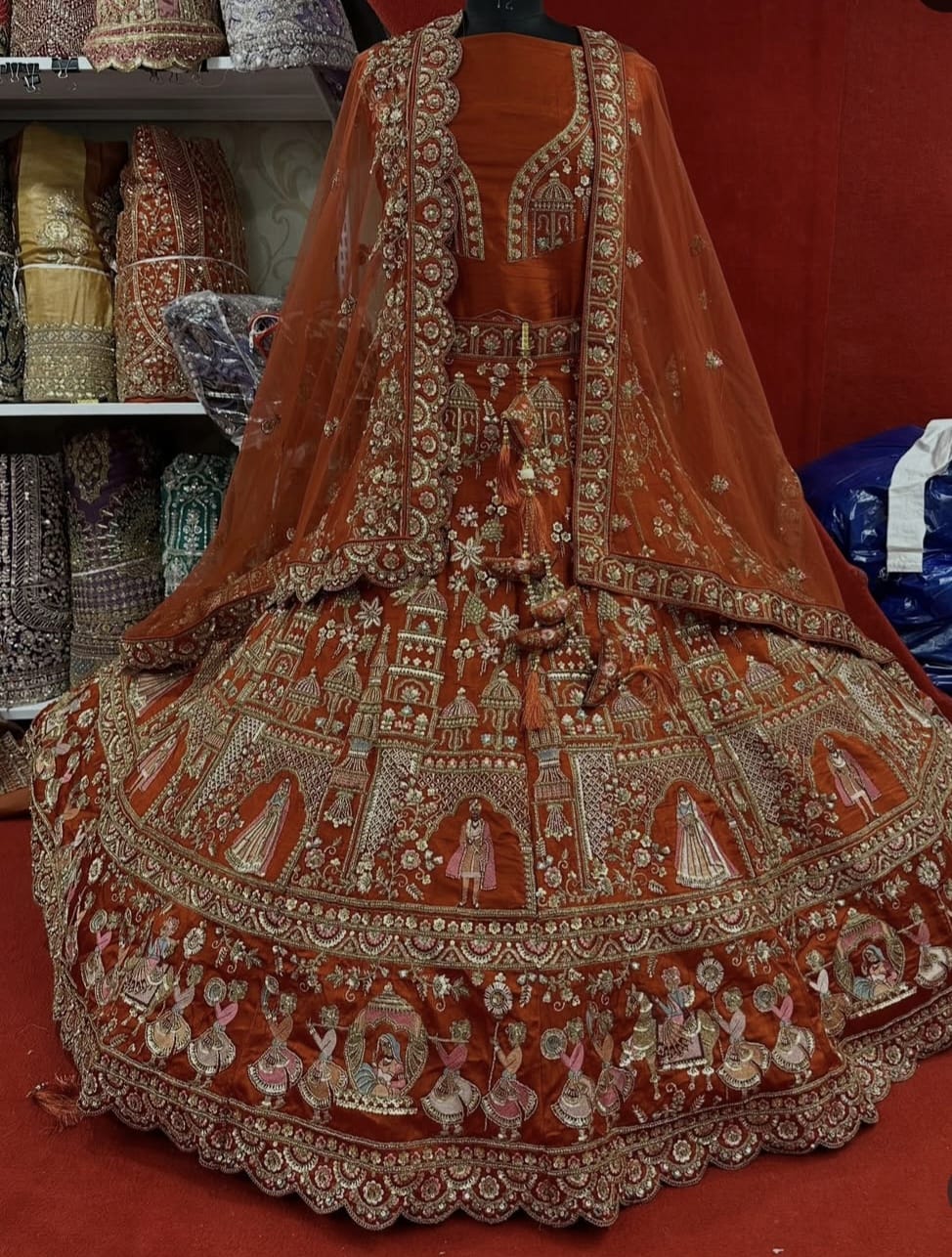 Dabka Zardosi Beads Handwork Rani Hot Pink Maroon Cherry Red Rust Orange Latest Bridal Lehenga