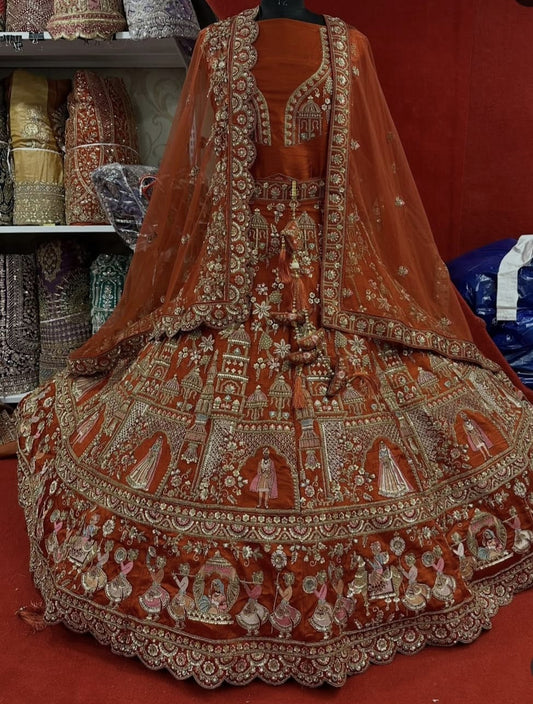 Dabka Zardosi Beads Handwork Rani Hot Pink Maroon Cherry Red Rust Orange Latest Bridal Lehenga