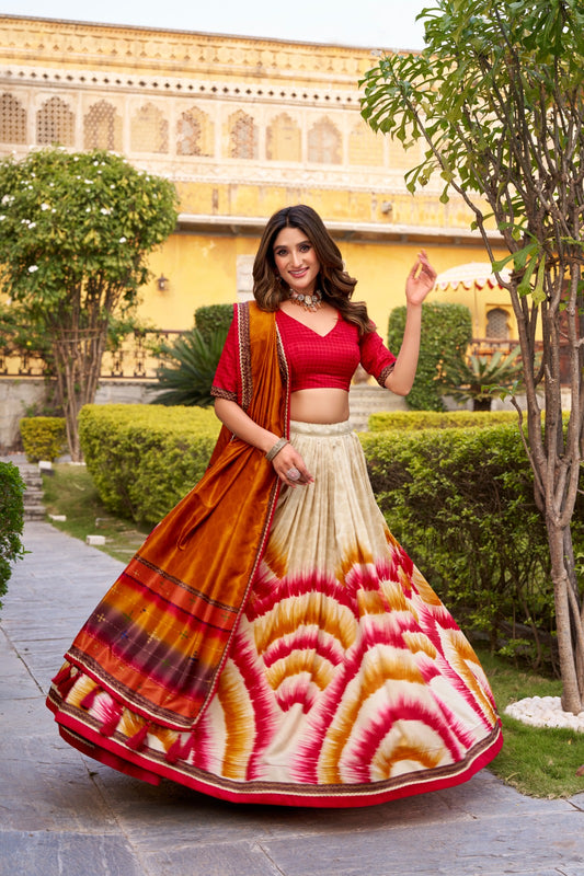 Beautiful Tasar Silk Tie And Dye Printed Lehenga Choli
